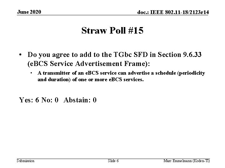 June 2020 doc. : IEEE 802. 11 -18/2123 r 14 Straw Poll #15 •