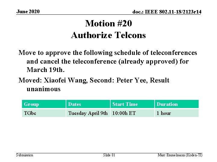 June 2020 doc. : IEEE 802. 11 -18/2123 r 14 Motion #20 Authorize Telcons