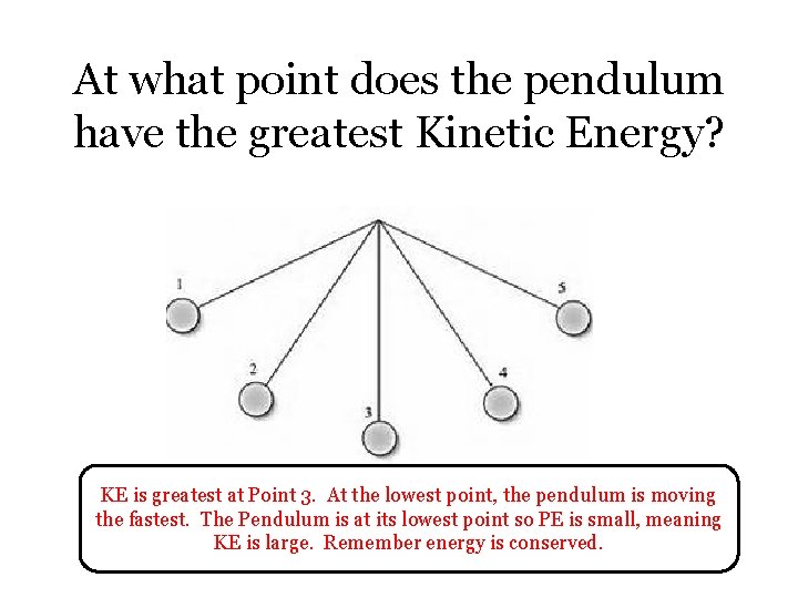 At what point does the pendulum have the greatest Kinetic Energy? KE is greatest