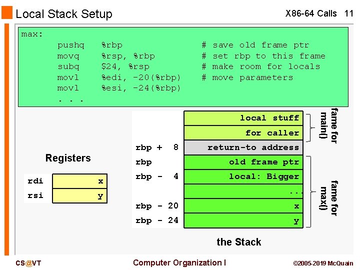Local Stack Setup X 86 -64 Calls 11 max: pushq movq subq movl. .