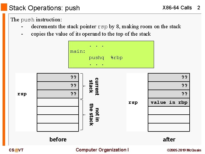 Stack Operations: push X 86 -64 Calls 2 The push instruction: - decrements the