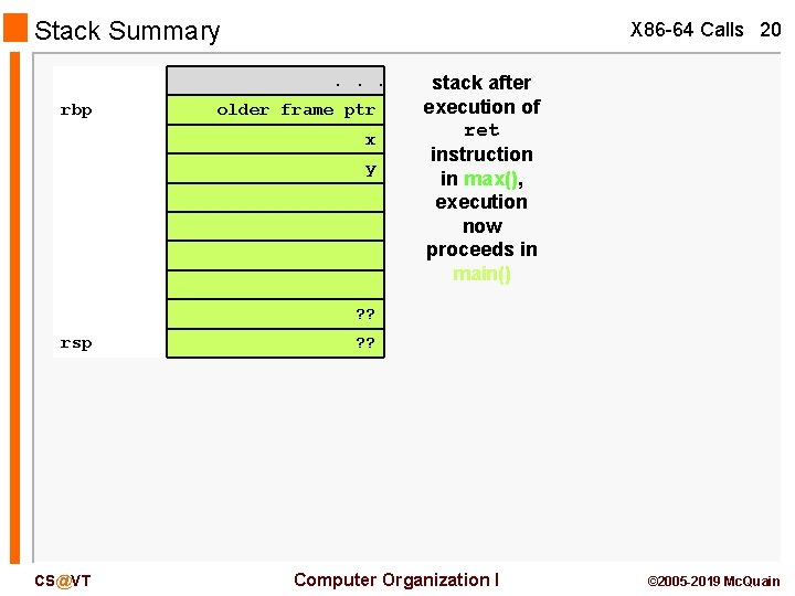 Stack Summary X 86 -64 Calls 20. . . rbp older frame ptr x