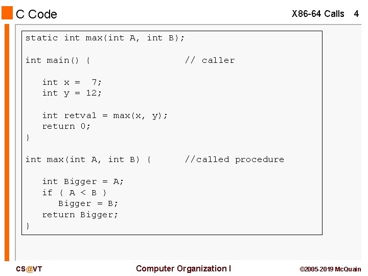 C Code X 86 -64 Calls 4 static int max(int A, int B); int