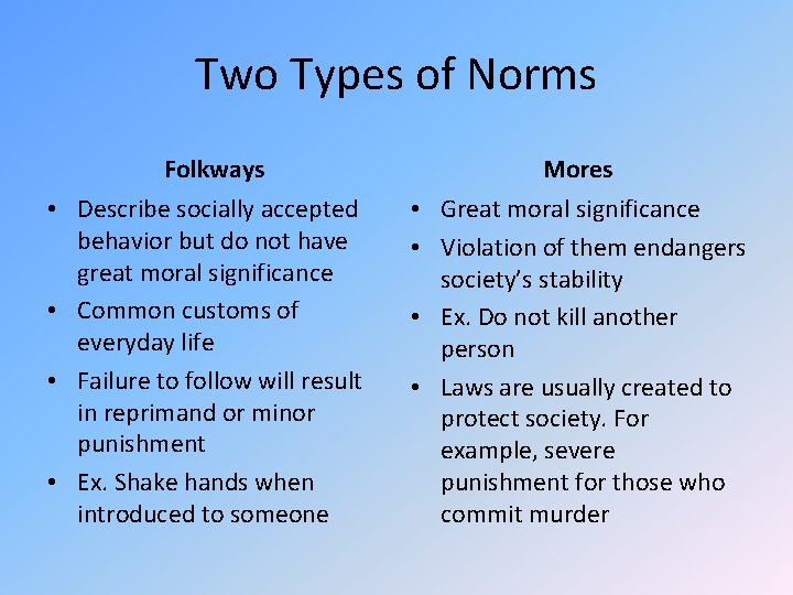 Two Types of Norms Folkways • Describe socially accepted behavior but do not have Two Types of Norms Folkways • Describe socially accepted behavior but do not have