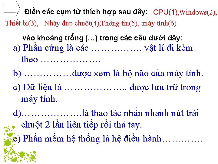 Điền các cụm từ thích hợp sau đây: CPU(1), Windows(2), Thiết bị(3), Nháy đúp