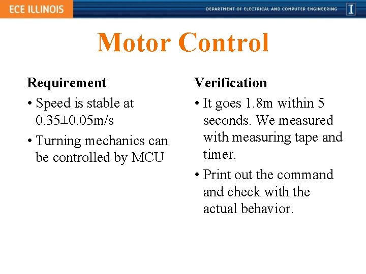 Motor Control Requirement • Speed is stable at 0. 35± 0. 05 m/s •