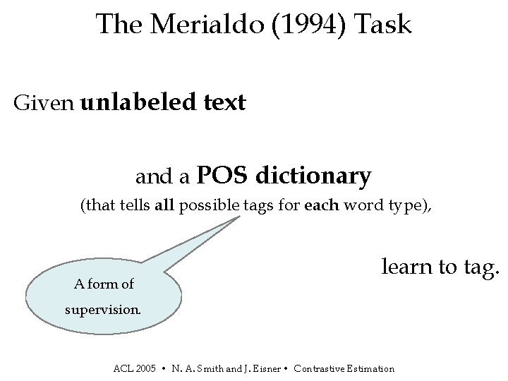 The Merialdo (1994) Task Given unlabeled text and a POS dictionary (that tells all