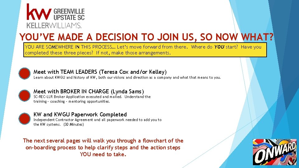 YOU’VE MADE A DECISION TO JOIN US, SO NOW WHAT? YOU ARE SOMEWHERE IN