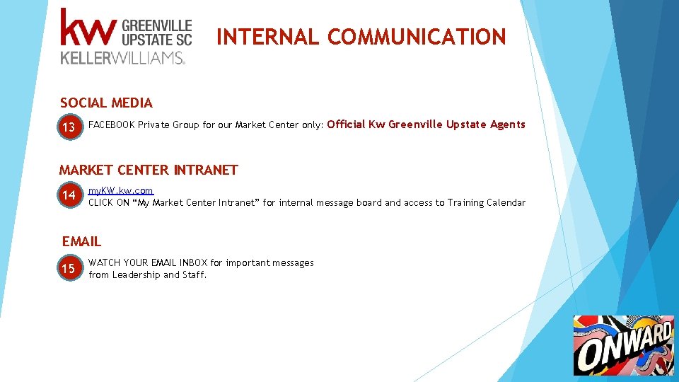 INTERNAL COMMUNICATION SOCIAL MEDIA 13 FACEBOOK Private Group for our Market Center only: Official