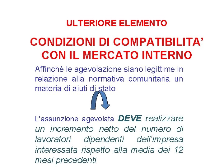 ULTERIORE ELEMENTO CONDIZIONI DI COMPATIBILITA’ CON IL MERCATO INTERNO Affinchè le agevolazione siano legittime