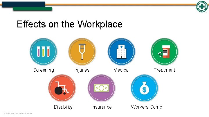 Effects on the Workplace Screening Disability © 2019 National Safety Council Injuries Medical Insurance