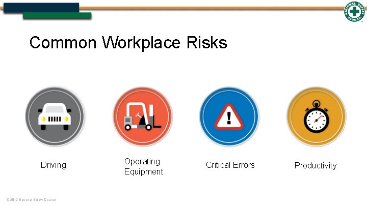 Common Workplace Risks Driving © 2019 National Safety Council Operating Equipment Critical Errors Productivity