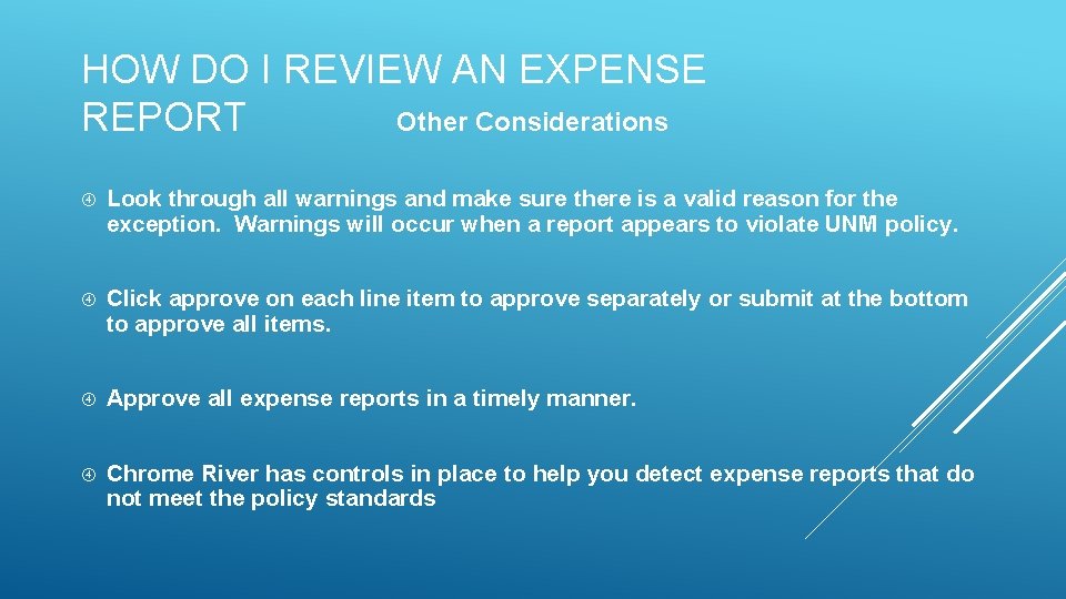 HOW DO I REVIEW AN EXPENSE Other Considerations REPORT Look through all warnings and