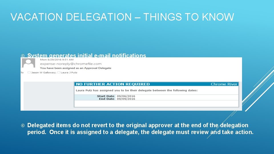 VACATION DELEGATION – THINGS TO KNOW System generates initial e-mail notifications Delegated items do