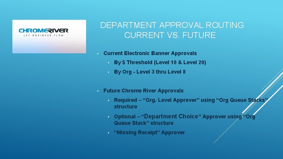 DEPARTMENT APPROVAL ROUTING CURRENT VS. FUTURE • • Current Electronic Banner Approvals • By