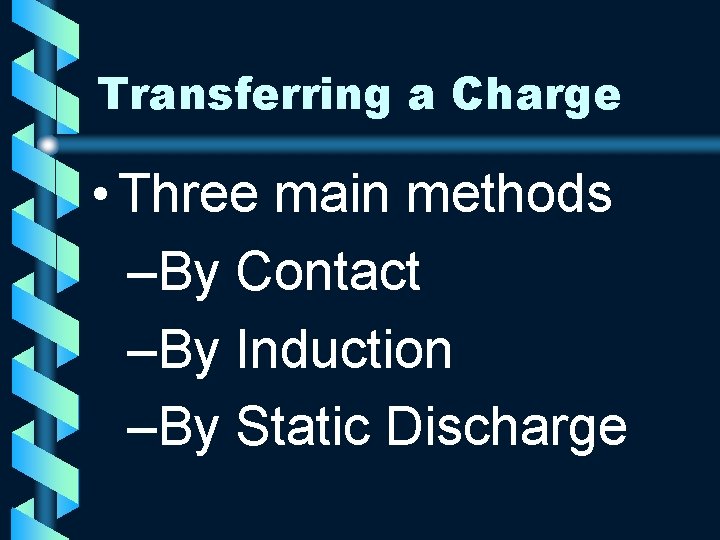 Transferring a Charge • Three main methods –By Contact –By Induction –By Static Discharge