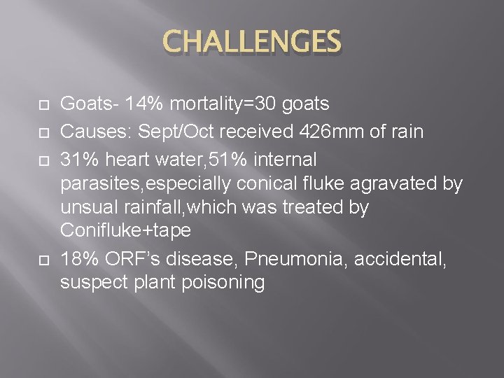CHALLENGES Goats- 14% mortality=30 goats Causes: Sept/Oct received 426 mm of rain 31% heart