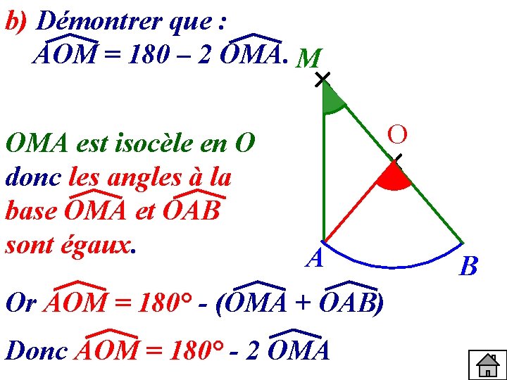 b) Démontrer que : AOM = 180 – 2 OMA. M OMA est isocèle