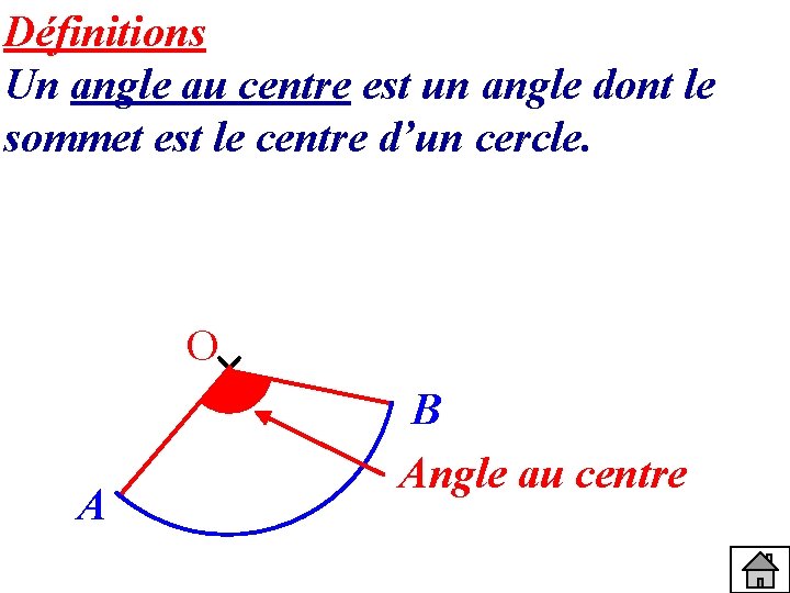 Définitions Un angle au centre est un angle dont le sommet est le centre