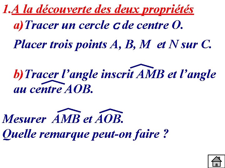 1. A la découverte des deux propriétés a)Tracer un cercle C de centre O.