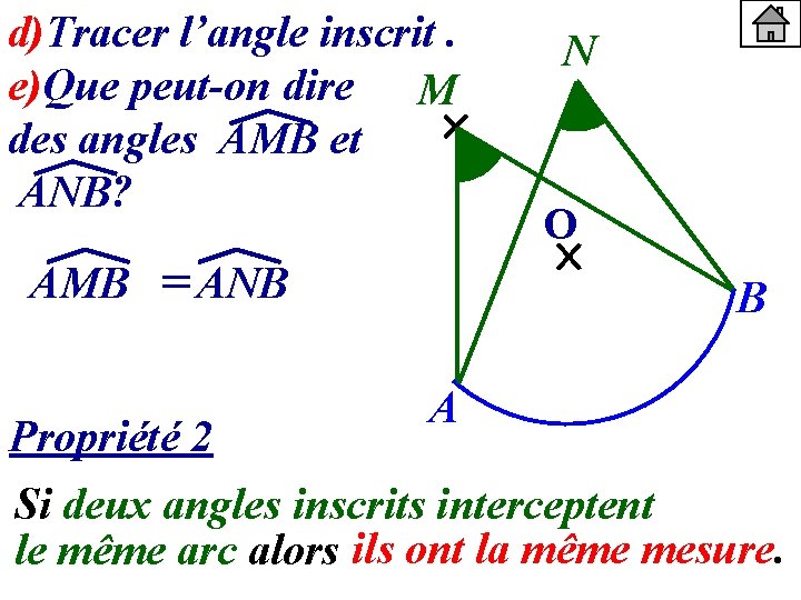 d)Tracer l’angle inscrit. e)Que peut-on dire M des angles AMB et ANB? AMB =