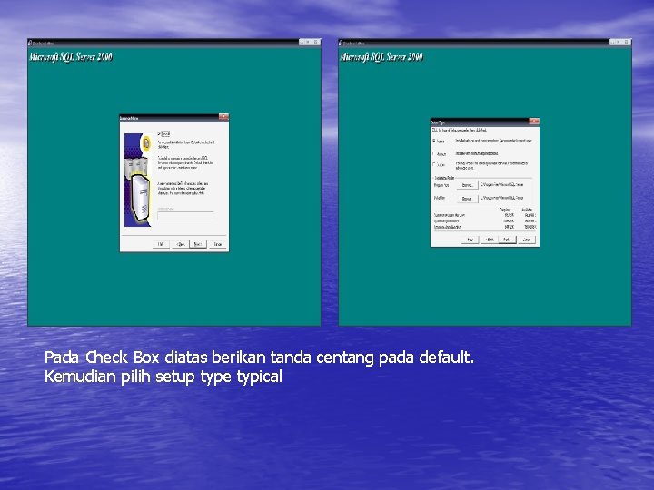 Pada Check Box diatas berikan tanda centang pada default. Kemudian pilih setup type typical Pada Check Box diatas berikan tanda centang pada default. Kemudian pilih setup type typical