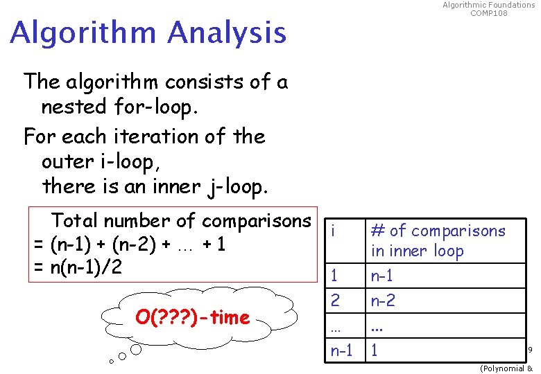 Algorithmic Foundations COMP 108 Algorithm Analysis The algorithm consists of a nested for-loop. For