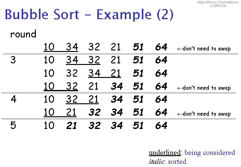 Bubble Sort - Example (2) round 3 4 5 10 10 34 34 32