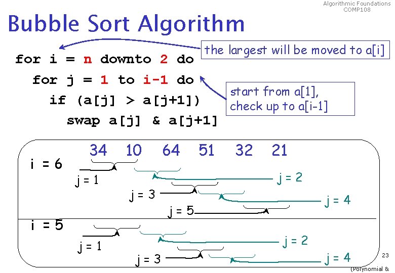 Algorithmic Foundations COMP 108 Bubble Sort Algorithm the largest will be moved to a[i]