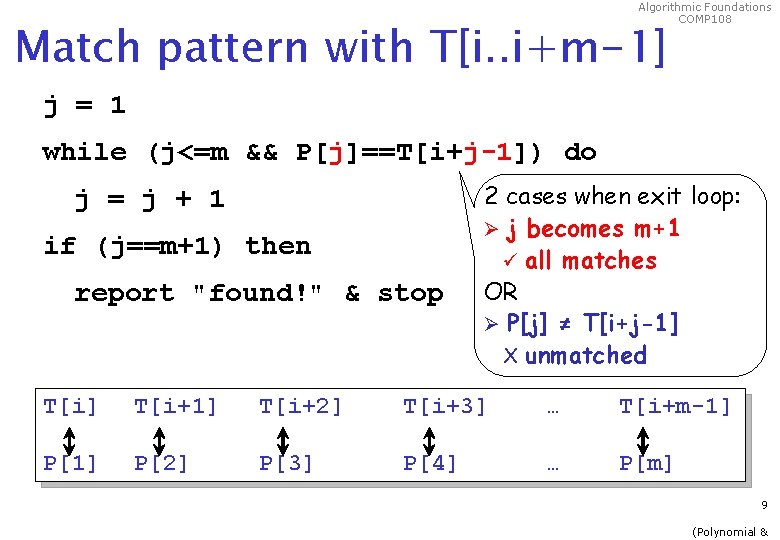 Algorithmic Foundations COMP 108 Match pattern with T[i. . i+m-1] j = 1 while