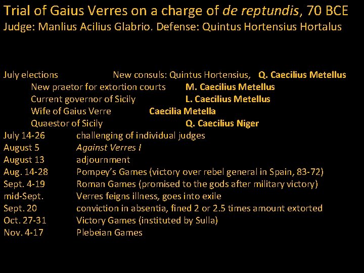 Trial of Gaius Verres on a charge of de reptundis, 70 BCE Judge: Manlius