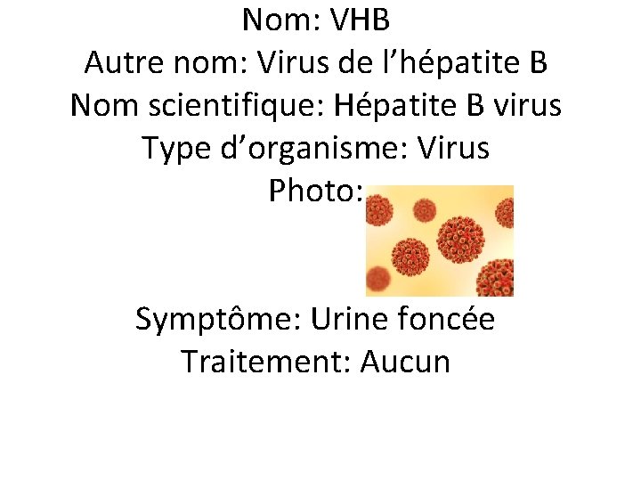 Nom: VHB Autre nom: Virus de l’hépatite B Nom scientifique: Hépatite B virus Type