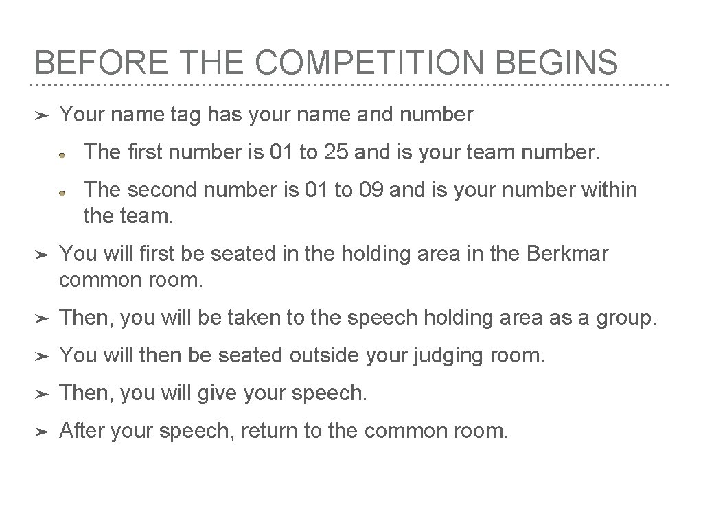 BEFORE THE COMPETITION BEGINS ➤ Your name tag has your name and number The