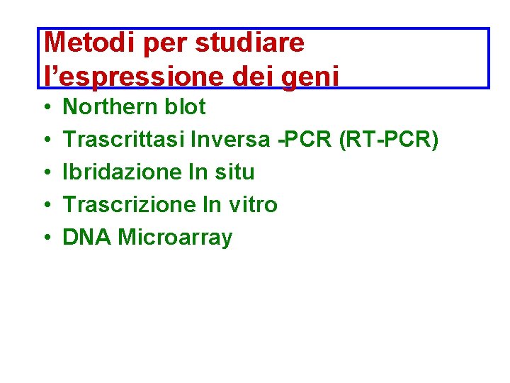 Metodi per studiare l’espressione dei geni • • • Northern blot Trascrittasi Inversa -PCR