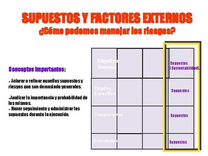 SUPUESTOS Y FACTORES EXTERNOS ¿Cómo podemos manejar los riesgos? Conceptos importantes: Aclarar o refinar