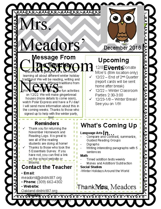 Mrs. Meadors’ Classroom News Message From The Teacher ü December is going to be