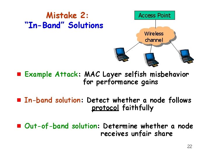 Mistake 2: “In-Band” Solutions Access Point Wireless channel g g g Example Attack: MAC