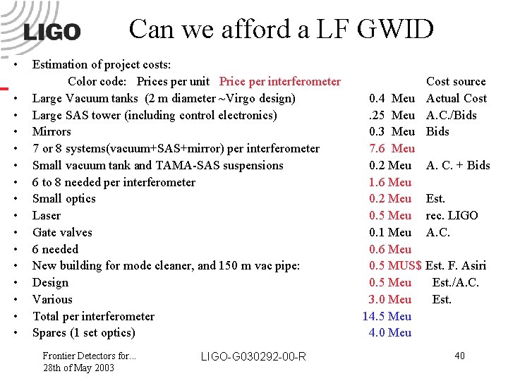 Can we afford a LF GWID • • • • Estimation of project costs: