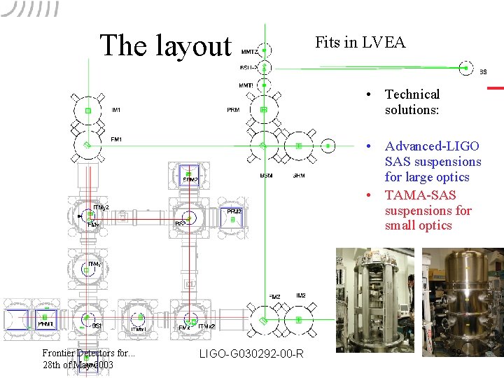 The layout Fits in LVEA • Technical solutions: • Advanced-LIGO SAS suspensions for large