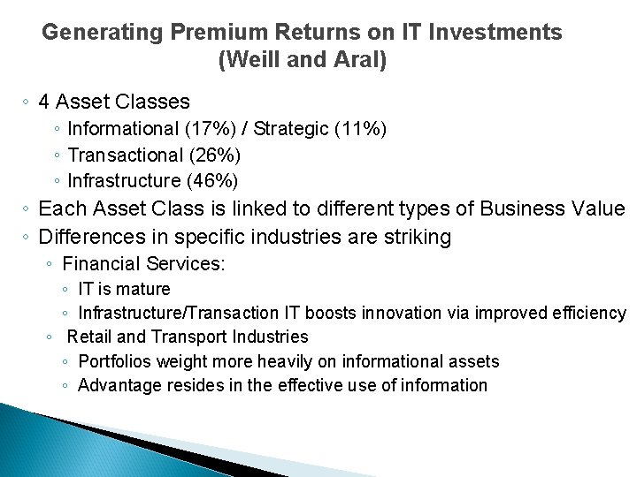 Generating Premium Returns on IT Investments (Weill and Aral) ◦ 4 Asset Classes ◦