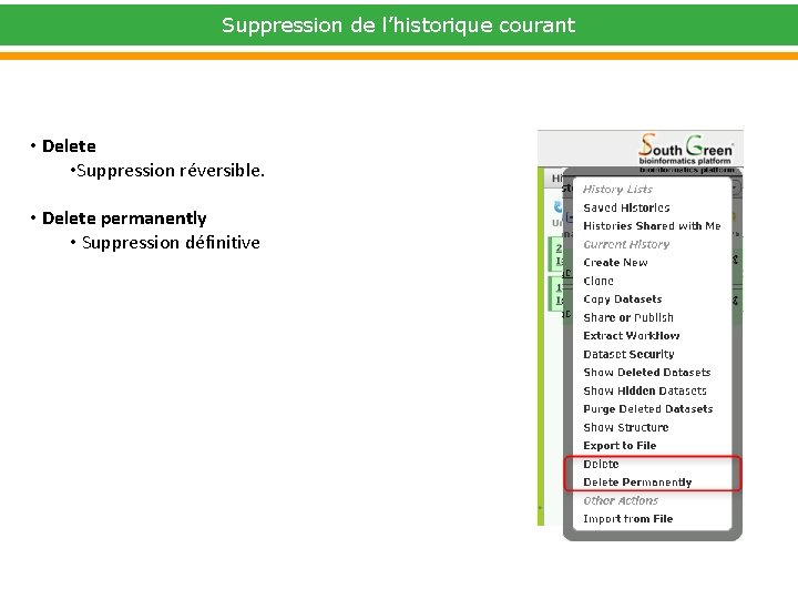 Suppression de l’historique courant • Delete • Suppression réversible. • Delete permanently • Suppression