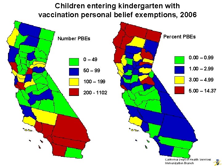 Children entering kindergarten with vaccination personal belief exemptions, 2006 Number PBEs Percent PBEs 0