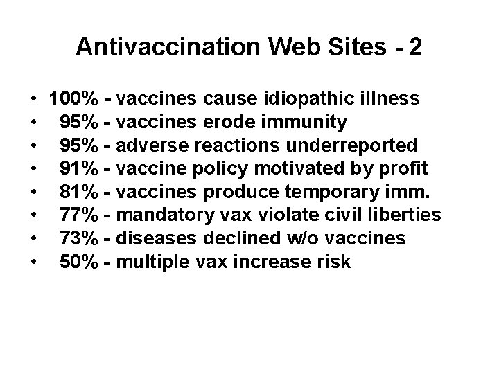 Antivaccination Web Sites - 2 • 100% - vaccines cause idiopathic illness • 95%