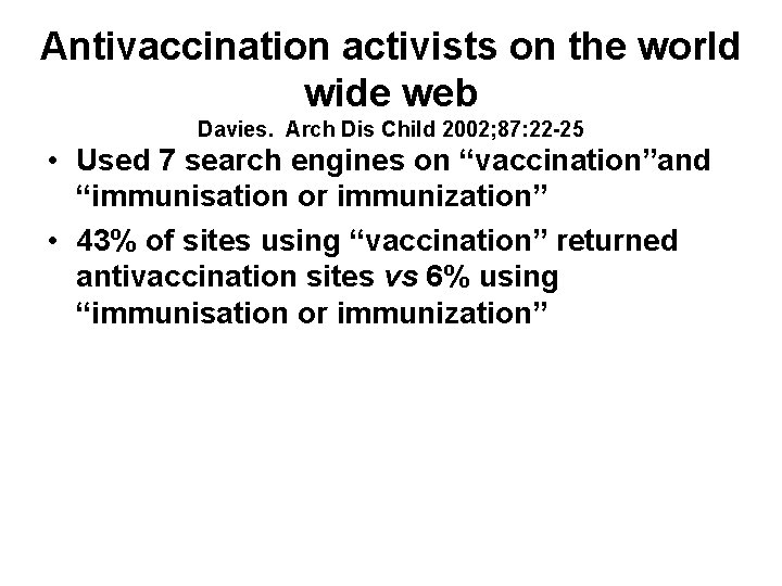 Antivaccination activists on the world wide web Davies. Arch Dis Child 2002; 87: 22