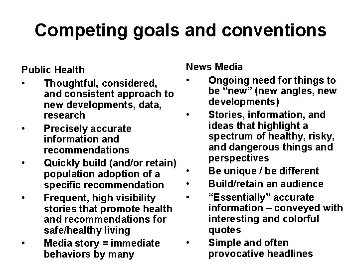 Competing goals and conventions Public Health • Thoughtful, considered, and consistent approach to new