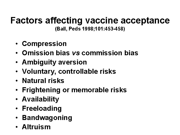 Factors affecting vaccine acceptance (Ball, Peds 1998; 101: 453 -458) • • • Compression