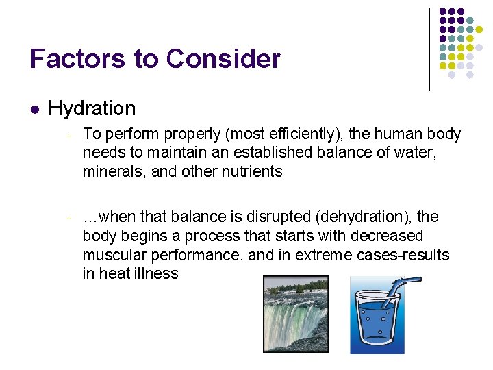 Factors to Consider l Hydration - To perform properly (most efficiently), the human body