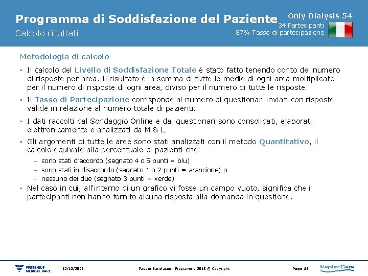 Dialysis 54 Programma di Soddisfazione del Paziente 34 Only Partecipanti Calcolo risultati 87% Tasso