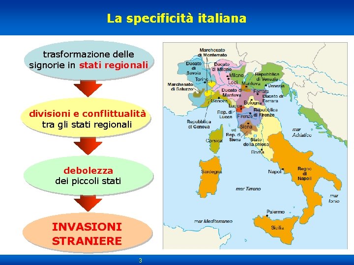 La specificità italiana trasformazione delle signorie in stati regionali divisioni e conflittualità tra gli