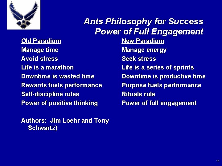 Ants Philosophy for Success Power of Full Engagement Old Paradigm Manage time Avoid stress